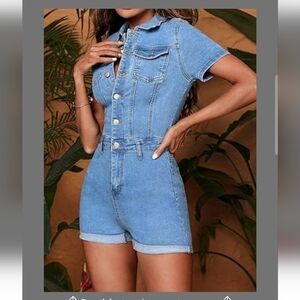 Women's Short Sleeve Button Front Denim Jumpsuit Overalls Size Large